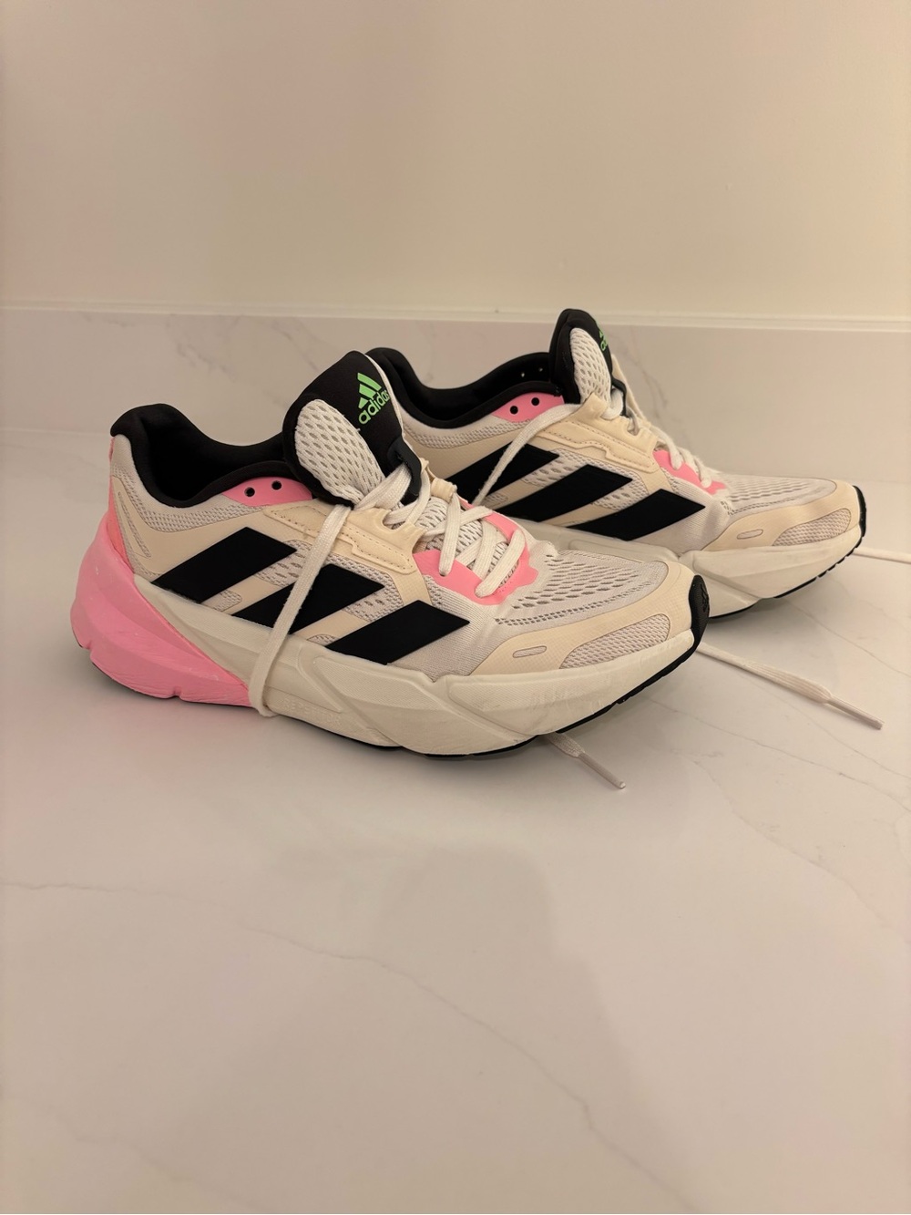 adidas Women’s White Sneakers with Pink Heel & Black Stripes